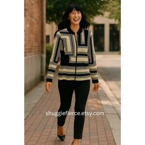 MSRP $295  ✨ Ming Wang Geometric Knit Zip Jacket – Black & Cream | Size Medium ✨